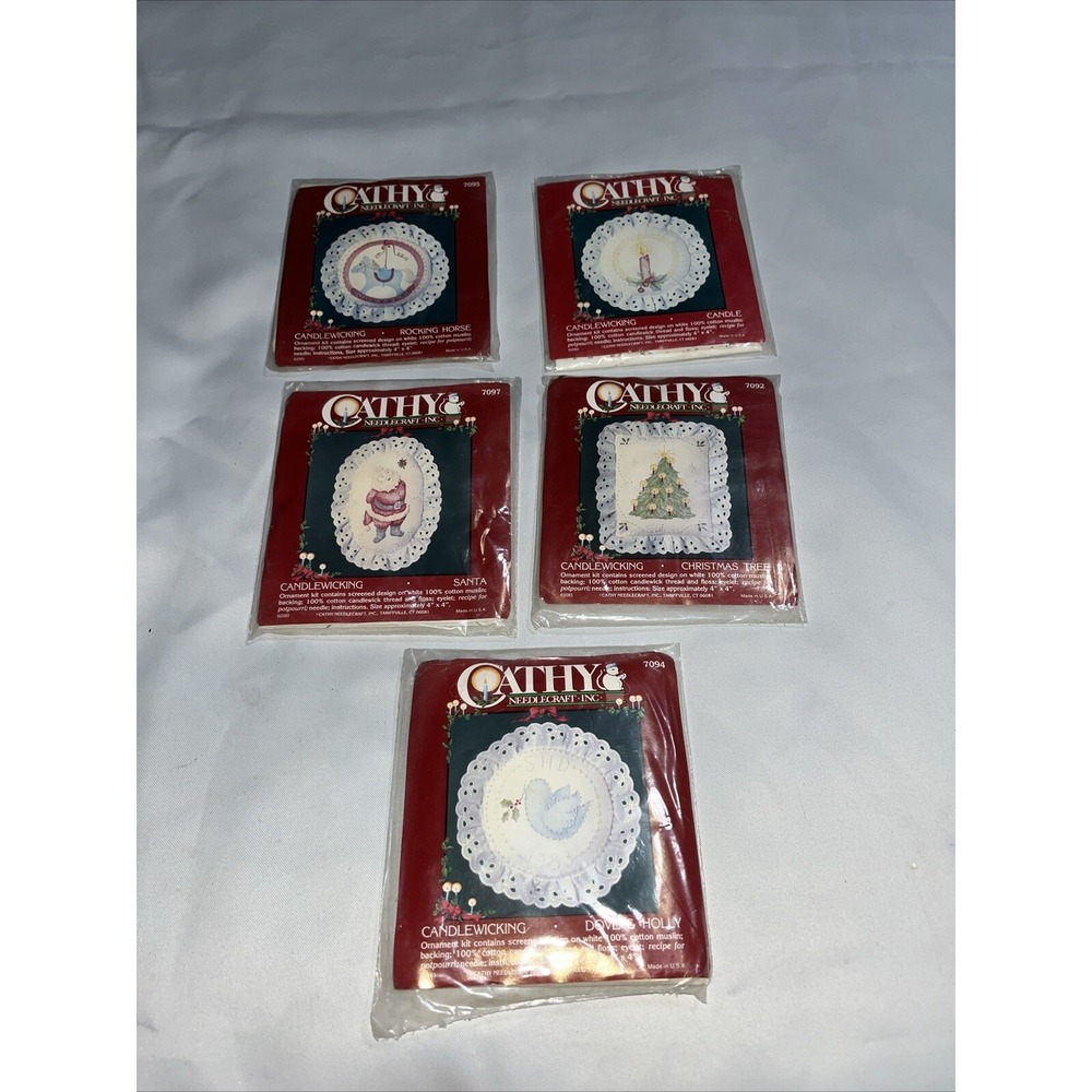 Lot Of 5 Cathy Needlecraft Candlewicking Ornament Kits , Santa ,‎ Tree , Candle